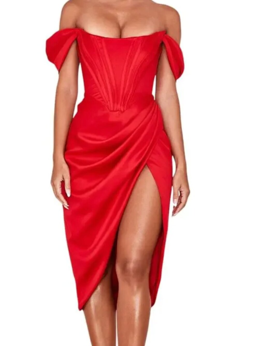 House of CB Dresses | House of CB Dress Loretta Off the Shoulder Red Midi Dress